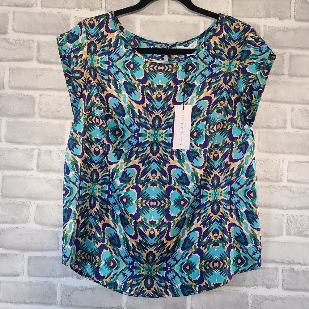 Maison D Amelie Paris Anthropolgie Short Sleeve Blouse Peacock Colors Graphic Sm - Picture 1 of 8